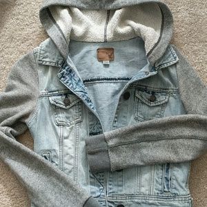 Distressed jean jacket and hoodie